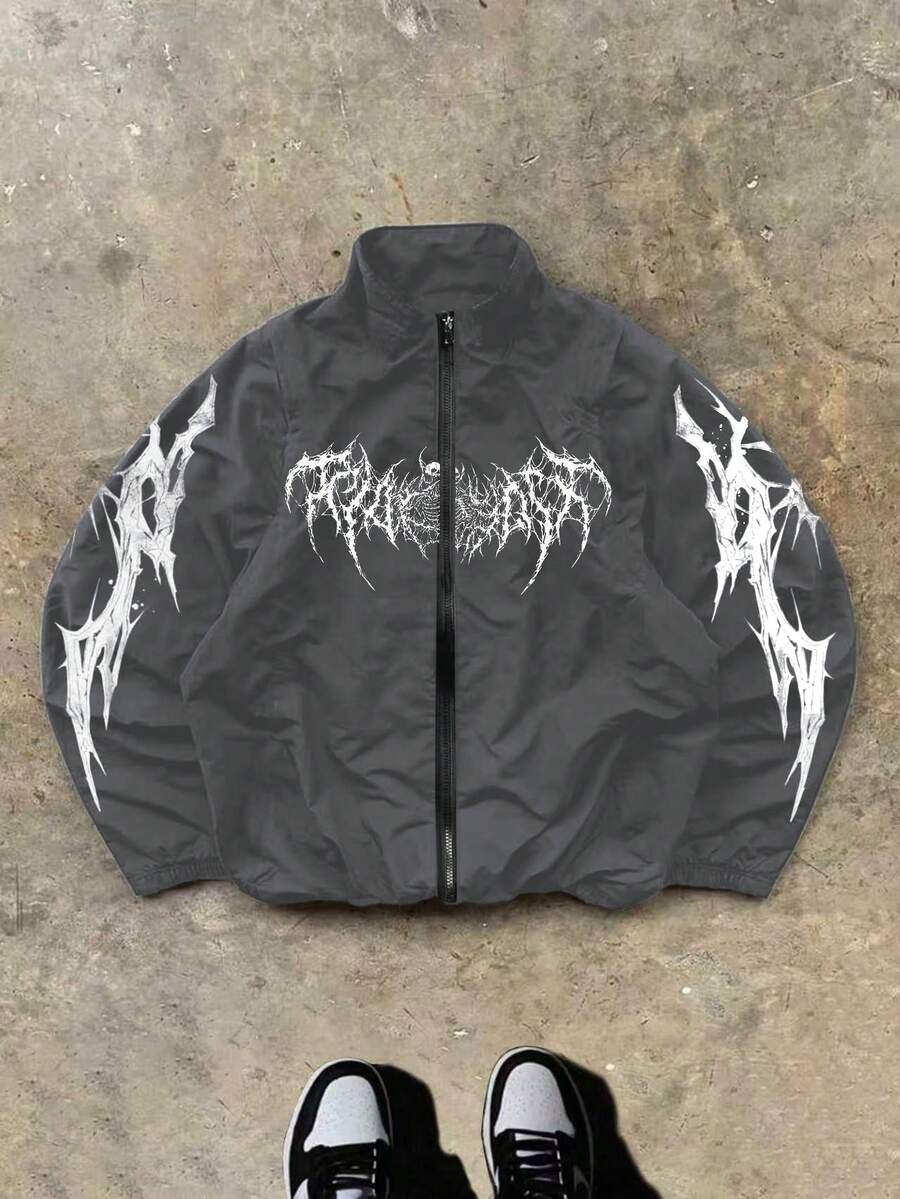 Sport MetroGents Men's Casual Fashionable Graphic Print Stand Collar Zip-Up Sports Jacket, Suitable For Spring And Autumn Daily Commute, Gym - Black - View 1