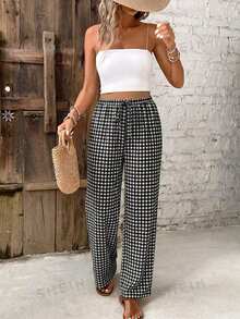 SHEIN Frenchy Quần nữ cạp chun họa tiết kẻ caro cổ điển, thích hợp cho dạo phố, phong cách đường phố, sân bay, thanh lịch, đi làm, nghỉ mát biển, tiệc cưới, lễ hội, phong cách Bohemian. - Nhiều màu - Xem 6