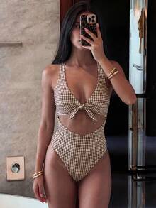 Traje de baño de una pieza con corte y nudo a cuadros para mujer, Primavera/Verano 2026 - Multicolor - Ver 3