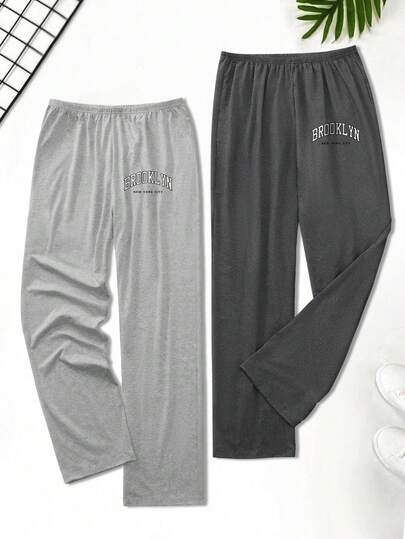 SHEIN 男士字母印花弹力腰带休闲裤睡衣套装（2件套），秋冬服装