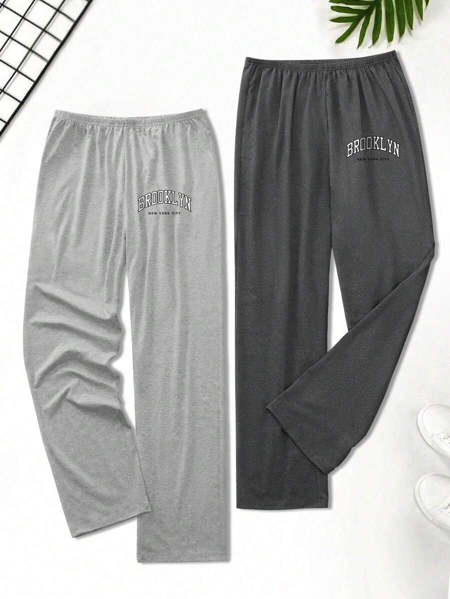 2pcs Men's Letter Print Elastic Waist Lounge Pants Sleepwear Set, Fall Winter Clothes - Multicolor - View 1