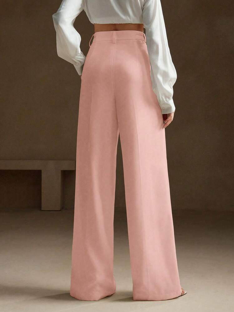 Elegant & Fashionable Design Pleated White Women's Straight Leg Pants With Pockets, Suitable For Petite, Fall, Winter, Summer, Spring, New Year, Party, Wedding, Elegant, Chic, Stylish, Business Casual