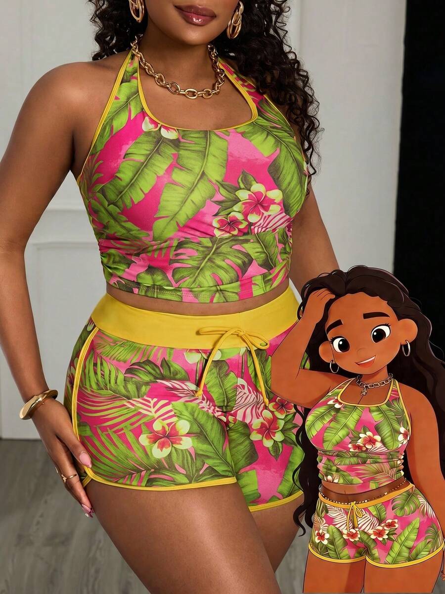 Slaydiva Áo tankini đi biển in họa tiết cây nhiệt đới nhiều màu sắc mới năm 2026, trang phục mùa hè cỡ lớn. - Nhiều màu - Xem 1