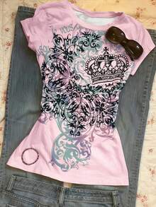 Glimmora Women's Casual Regular Shoulder Fitted Short Sleeve T-Shirt, Summer - Pink - View 6