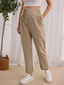 GentleRue Maternity Schlichte einfarbige Umstandsmode hose mit Kordelzug für den täglichen Gebrauch - Khaki - Übersicht 1