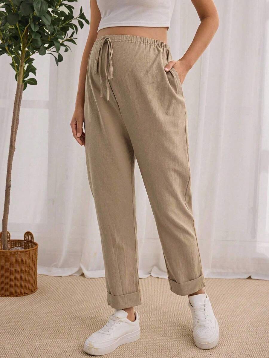 GentleRue Maternity Schlichte einfarbige Umstandsmode hose mit Kordelzug für den täglichen Gebrauch - Khaki - Übersicht 1