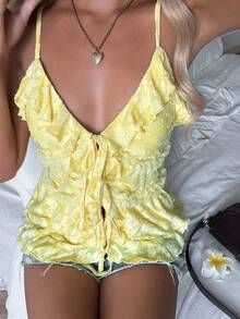Camiseta sin mangas de mujer de unicolor con nudo delantero y plisado, versátil para uso diario - Amarillo - Ver 7