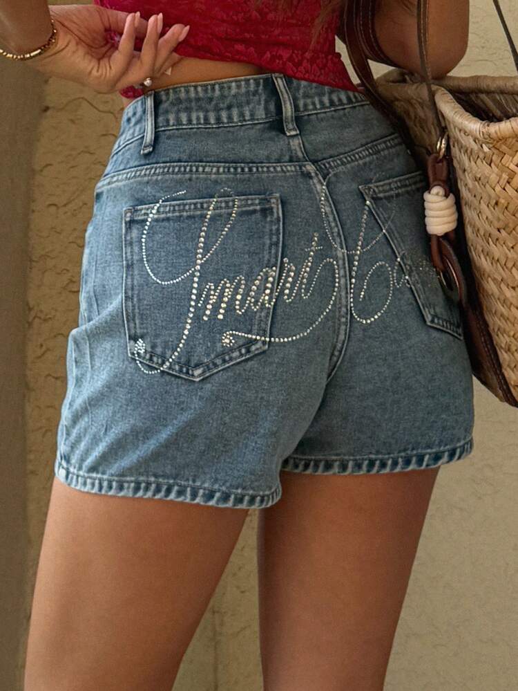 Women's Rhinestone Letter Graphic Pocket Denim Shorts