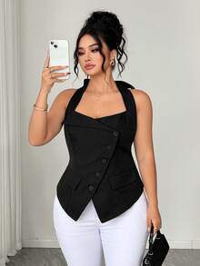 Elenzga Áo nữ cỡ lớn mùa hè mới màu đen, cổ yếm, hở vai, eo thắt, vạt lệch, túi giả, cúc đen trang trí, thiết kế sành điệu cá tính, phù hợp cho các buổi lễ hội âm nhạc, đi chơi, nghỉ mát, dự tiệc và đi làm. - màu đen - Xem 6