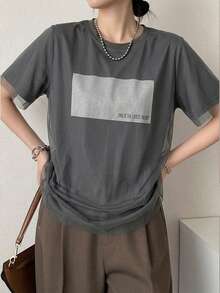 FRIFUL 女士夏季休闲宽松透视网纱拼接T恤，百搭 - 深灰色 - 查看 5