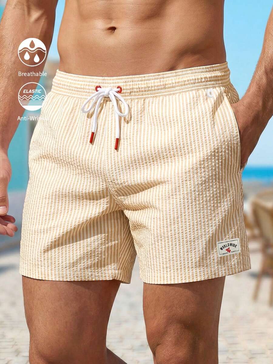 CoralVoy Men's Striped Print Casual Beach Shorts, Holiday - Yellow - View 1