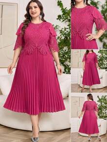 Ellevyn 大码纯色简约休闲短袖连衣裙 - 玫紅色 - 查看 2