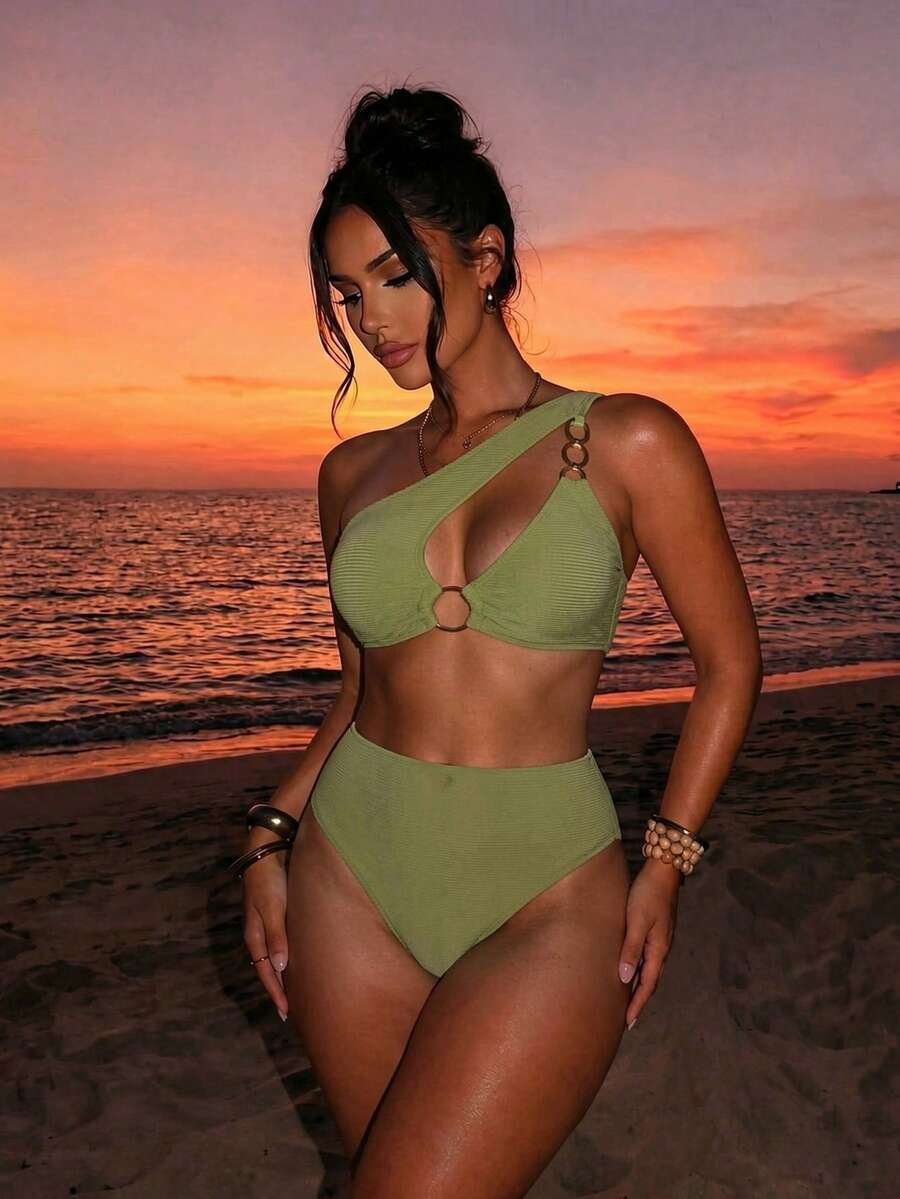 Swim SXY Set Baju Renang Bikini Seksi Wanita Musim Panas untuk Pantai, Warna Polos, dan Potongan - Olive Green - View 1