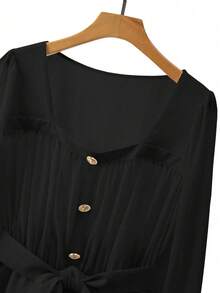 GlowEve CURVE Plus Size Women's Elegant Commuter Color Block Lantern Sleeve Blouse, Sunray Pleat Shirt, Spring Autumn - Black - View 5