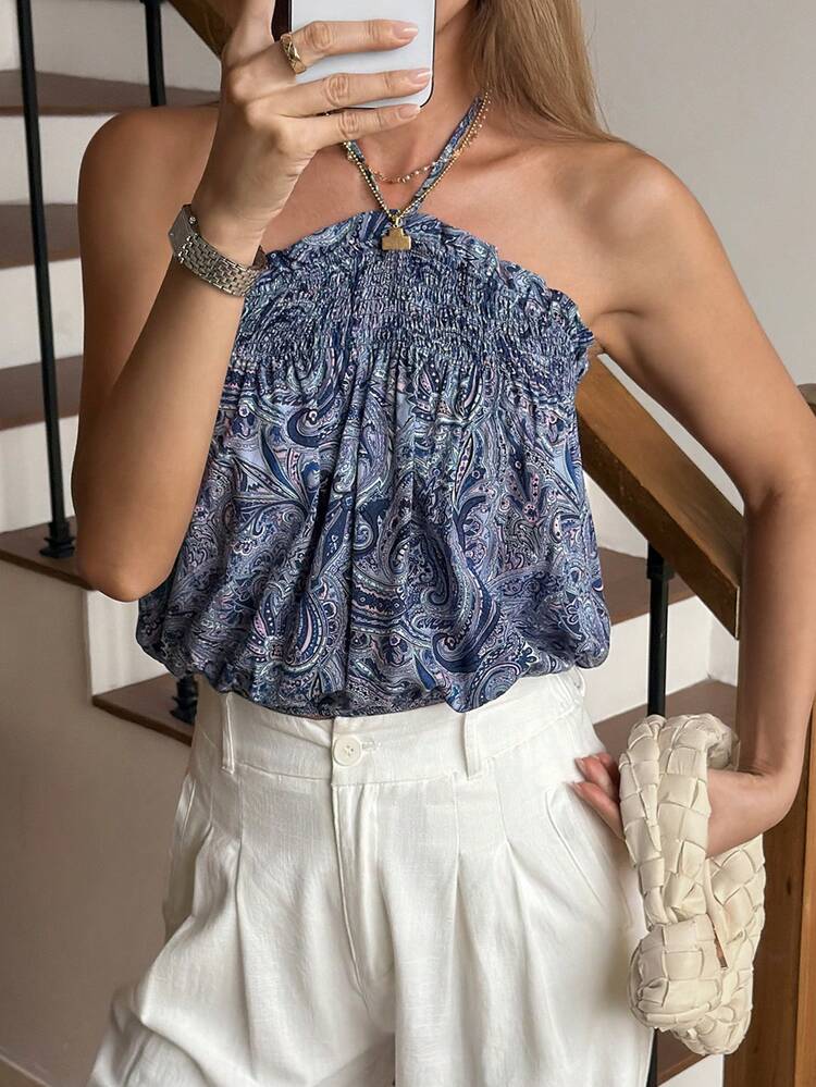 Women's V-Neck Loose Blue Halter Striped Ruffle Ditsy Floral Camisole, Spring/Summer