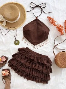 Soleia Women's Coffee Brown Summer Boho Beach Holiday Holiday 2-Piece Set,Elegant Halter Beaded Tassel Tie-Up Ruffle Lace Outfit For Vacation Wedding Guest - Brown - View 3