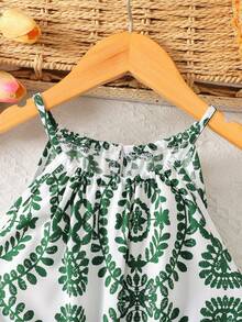 少女夏季海滩度假编织绿色图腾印花露背无袖休闲连体裤，度假风，时尚法式优雅柔软，夏季沙滩装 - 綠色 - 查看 4