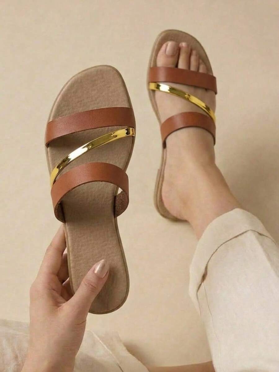 Flat Sandal In Gold, Rose And Silver Gold - 棕色 - 查看 1