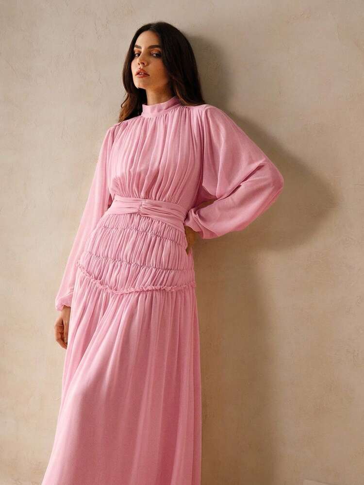 Vestido de manga farol de longitud media para mujer, vestido largo elegante de manga larga de gasa extra larga, rosa