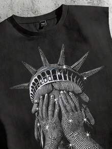 Torvinic 宽松休闲无袖背心，饰有仿水钻自由女神像图案，街头风格 - 黑色 - 查看 2