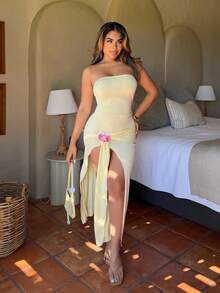 Maria Perezxox Spring/Summer Elegant Halter Vacation Orchid Decor High Slit Petite Women Long Dress - Yellow - View 5