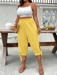 Breezaya Plus Size High Waist Drawstring 7/8 Pants, Spring/Summer - Yellow - View 7