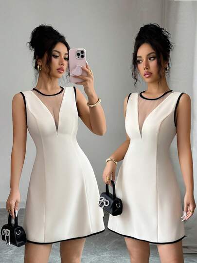 Elenzga Rochie romantică elegantă, fără mâneci, cu guler rotund, din material textil cu blocuri de culoare, talie tip A-line, pentru femei