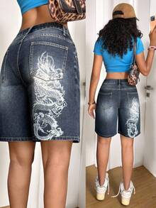 StreetHx Women's Fashion Casual Streetwear Style Printed Denim Shorts - Dark Wash - View 7