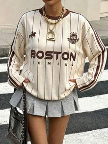 Muchica 女士休闲浅黄色圆领长袖卫衣，搭配撞色棕色领子和条纹袖子。马匹印花增添复古、学院风、经典、时尚、青春和街头潮流气息。面料顺滑舒适，是秋季的理想之选。 - 彩色 - 查看 1