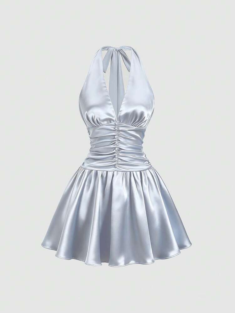 SHEIN Sweetro Đầm/chân váy ngắn kiểu dáng mới, đa năng, cổ yếm, thắt nơ ở gấu, dành cho nữ. - Màu xanh bụi bặm - Xem 2