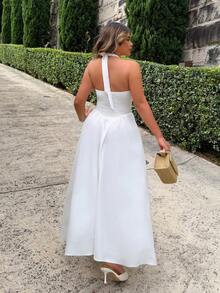 Maria Perezxox 优雅 V 领挂脖长裙，白色，度假风格 - 白色 - 查看 2