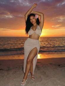 BamGleam Ensemble décontracté d'été pour femmes, tenue de vacances à la plage. Débardeur court sexy à une épaule kaki avec jupe mi-longue - Kaki - Voir 5
