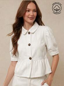 WESTFADE 翻领纽扣短袖荷叶边下摆棉混纺牛仔上衣，乡村西部风格，适合夏季牛仔女郎纳什维尔音乐会穿着 - 米色 - 查看 1