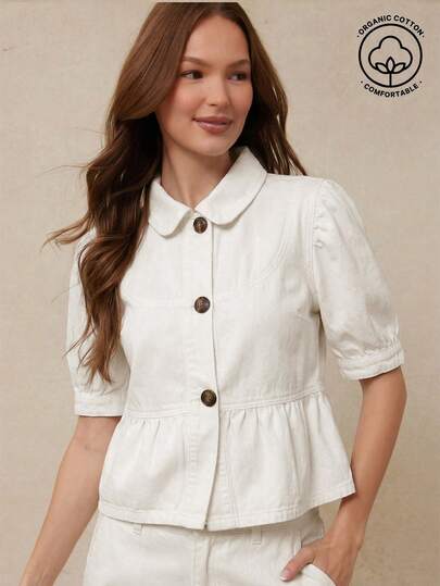 WESTFADE 翻领纽扣短袖荷叶边下摆棉混纺牛仔上衣，乡村西部风格，适合夏季牛仔女郎纳什维尔音乐会穿着