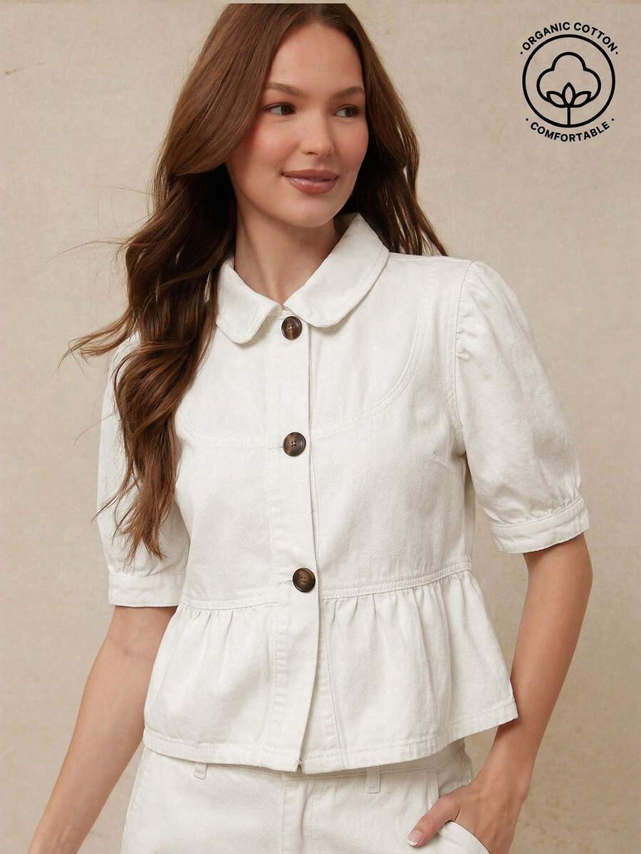 WESTFADE 翻领纽扣短袖荷叶边下摆棉混纺牛仔上衣，乡村西部风格，适合夏季牛仔女郎纳什维尔音乐会穿着 - 米色 - 查看 1