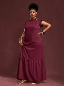 Veslaya Elegant Summer Burgundy Maxi Dress For Plus Size Women, Vacation & Casual Loose Woven Textured Fabric Sleeveless Ruffle Trim Collar Dress - Burgundy - View 3