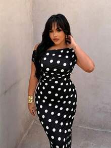 Plus Size Elegant Asymmetrical Shoulder Polka Dot Dress, Spring/Summer - Black and White - View 4