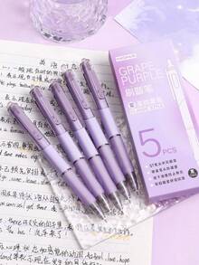 5pcs/Set Press Gel Pen,Comfortable Silicone Pen Holder,0.5mm Black Writing Ink,Stationery Suitable For Offices And Schools - purple - View 2