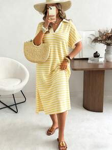 Ceyna Plus Size Spring/Summer Short Sleeve Knit Casual Vacation Yellow Dress Tea Party Vacation - Pale Yellow - View 4