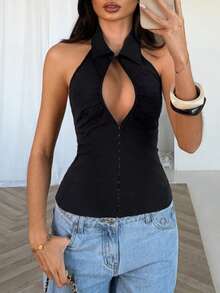 TRNVIE Áo sơ mi nữ mùa hè thanh lịch màu đen cổ giọt nước khoét lỗ gợi cảm cài nút kiểu đuôi cá không tay eo chun hở lưng - màu đen - Xem 1