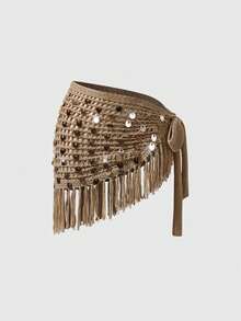 ROMWE Avant 亮片不对称流苏女士毛衣半身裙，侧边系带，性感钩针半身裙，适合海滩度假 - 卡其色 - 查看 1