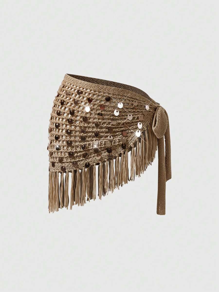 ROMWE Avant 亮片不对称流苏女士毛衣半身裙，侧边系带，性感钩针半身裙，适合海滩度假 - 卡其色 - 查看 1