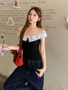 DAZY Áo nữ thời trang, đa năng, họa tiết hoạt hình chấm bi, kiểu dáng trễ vai, phong cách thường ngày. - màu đen - Xem 4
