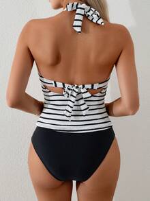 SHEIN Swim Lushore Dam sommarsemester casual strand randigt mönster bikini tvådelat baddräktsset, halterneck knytband texturerat tyg - Svart och Vitt - Visa 2
