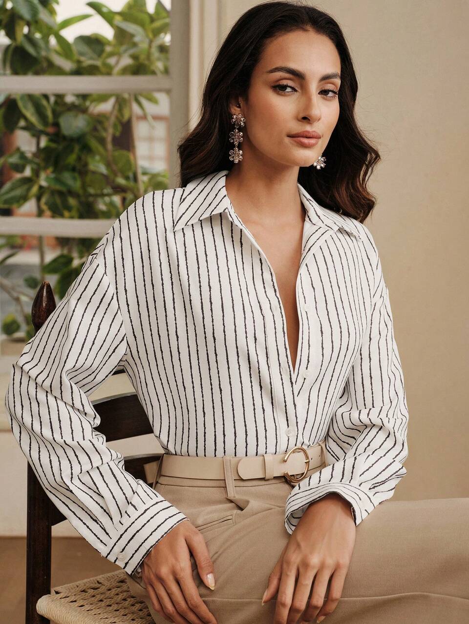 Anewsta Autumn Vintage Sexy Thin Striped Drop Shoulder Long Sleeve Casual Commuter Blouse, White Base With Stripes, Niche Design Golf