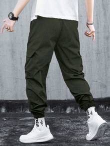 Manfinity Homme Men's Solid Color Casual Pants, Minimalist Fashion Pants Suitable For Summer Streetwear, Fall - Army Green - View 2