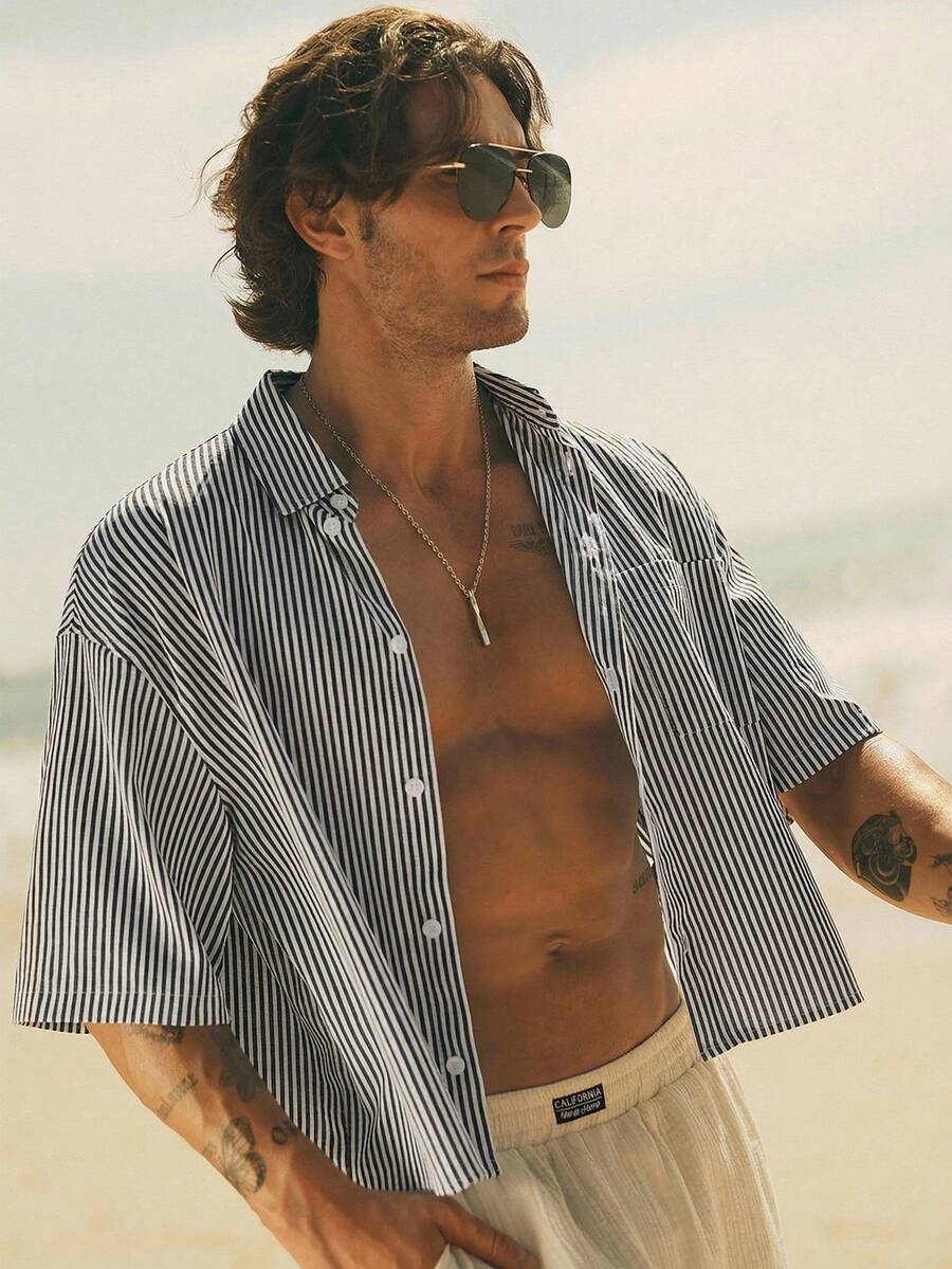 HIMLAND Áo sơ mi nam tay ngắn kẻ sọc dáng ôm vừa vặn, kiểu dáng thường ngày. - Nhiều màu - Xem 1
