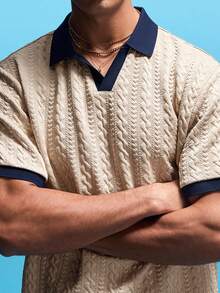 NobleFwd 男士撞色短袖休闲通勤 Polo 衫 男士针织 Polo 衫 米色 Polo 衫 男士 V 领针织衫 男士短袖毛衣 Polo 衫 男士纹理 Polo 衫 Old Money - 卡其色 - 查看 3