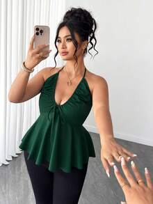 Elenzga Áo hai dây gợi cảm hở lưng, cổ chữ V sâu, màu trơn dành cho nữ, thích hợp cho kỳ nghỉ và hẹn hò. - Màu xanh lá cây đậm - Xem 3