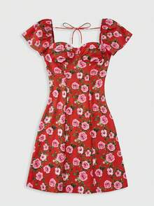 lacRébo Pink Floral Print Red Woven Midi Dress With Short Sleeves And Open Back Detail Chic Spring Summer Holiday Dress Red Vacation Dress French Style Parisian Style - Red - View 7